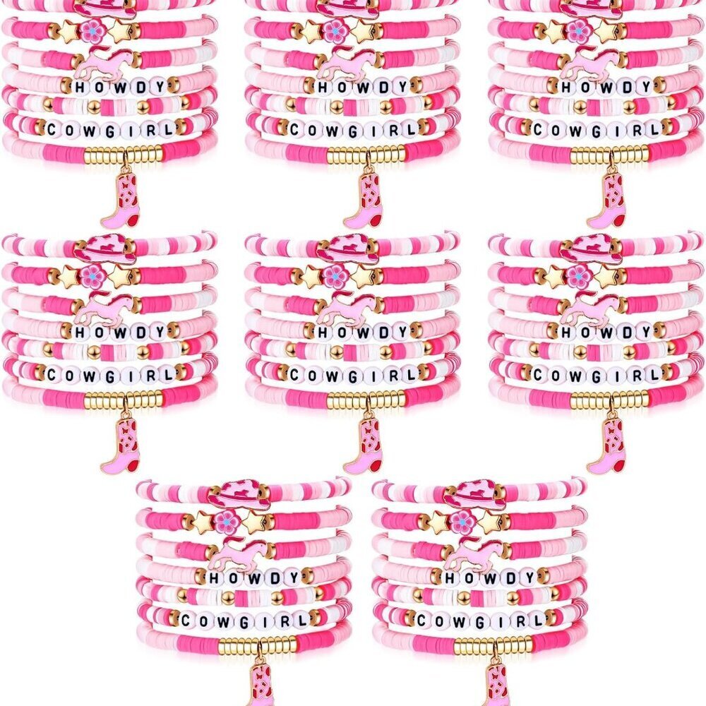 Western Cowgirl Bracelets Pink Heishi Set 56 Pcs Gift Party Jewelry